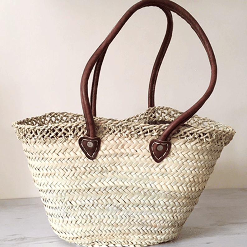 LINED FRENCH SHOPPING BASKET WITH LEATHER STRAP
