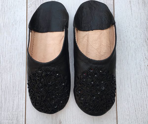 MOROCCAN BABOUCHE SLIPPERS – BLACK-SEQUINS - craftkechbrand