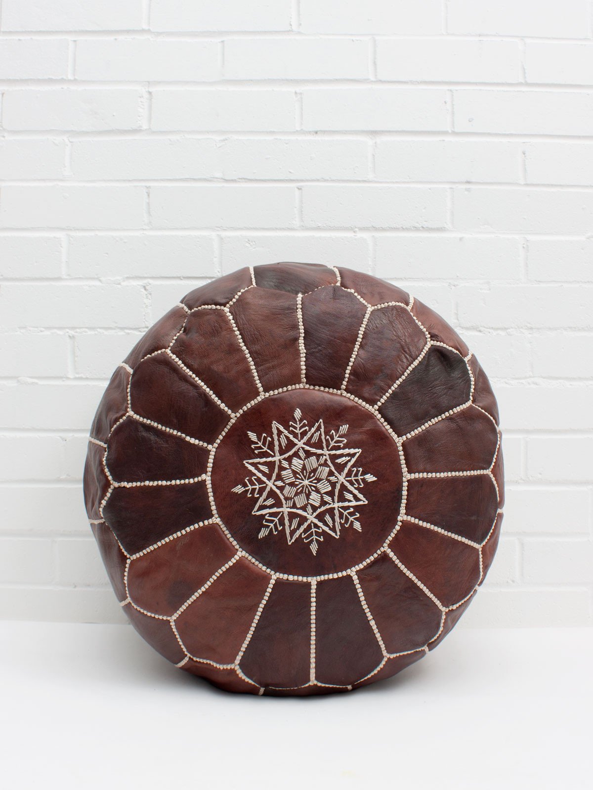 MOROCCAN CHESTNUT LEATHER POUF NATURAL EMBROIDERY