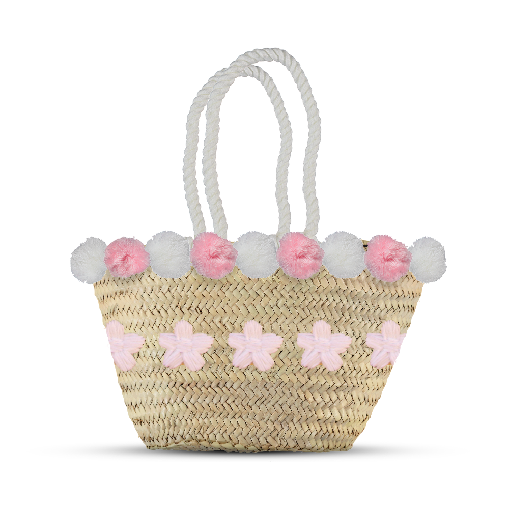 Straw Clutch Bags French Baskets Pompom Pink
